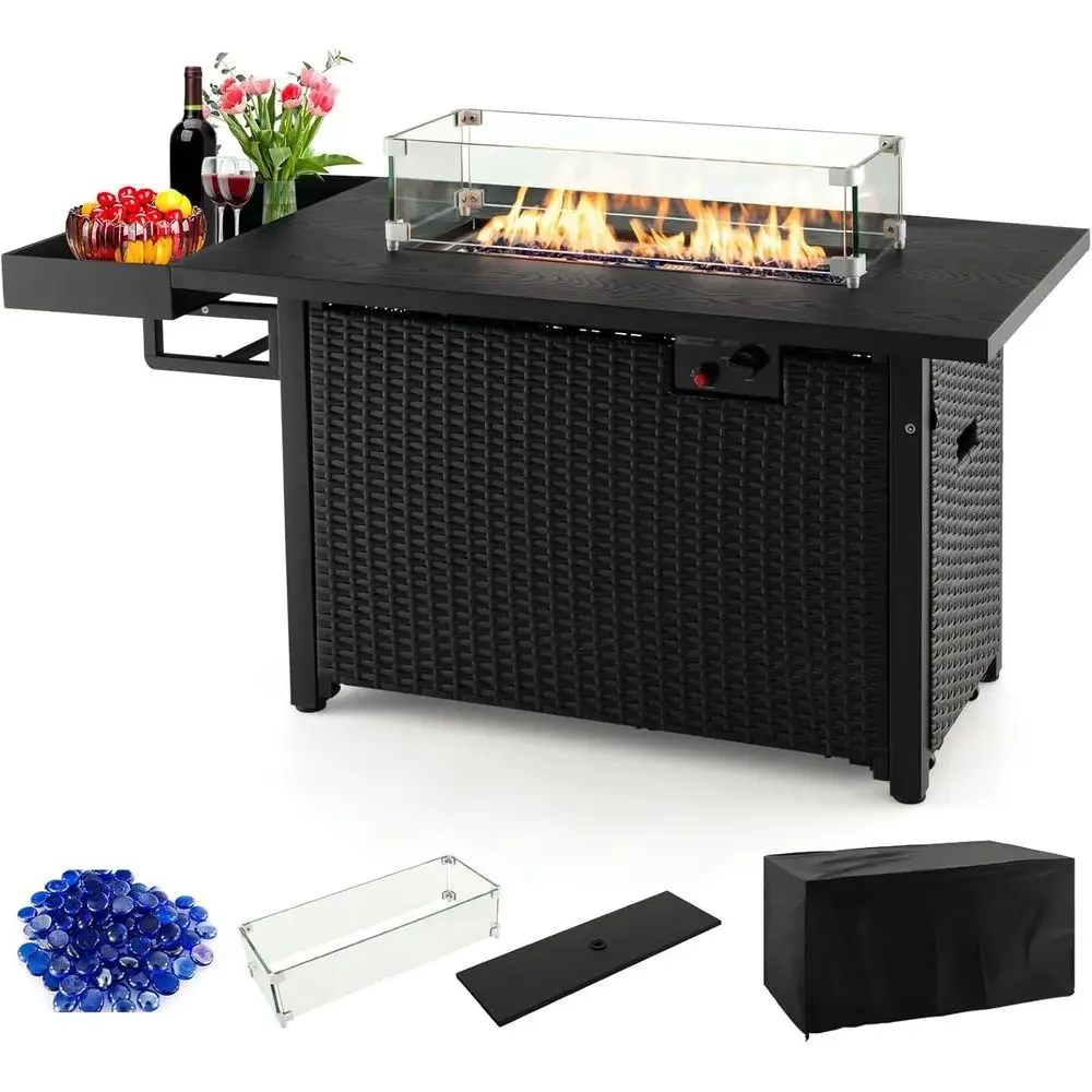 50,000 BTU Outdoor Propane Gas Fire Pit Table with Wicker Patio, Waterproof Cover, Tempered Glass Wind Guard, Blue Fire Stones,
