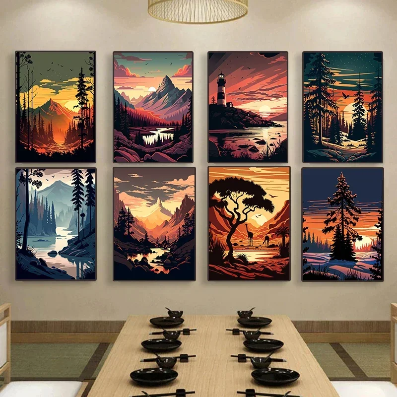 Fantastic and Lonely Sunset Forest Valley Wall Art Canvas Painting Modern Conception Prints Wall Pictures for Living Room Decor