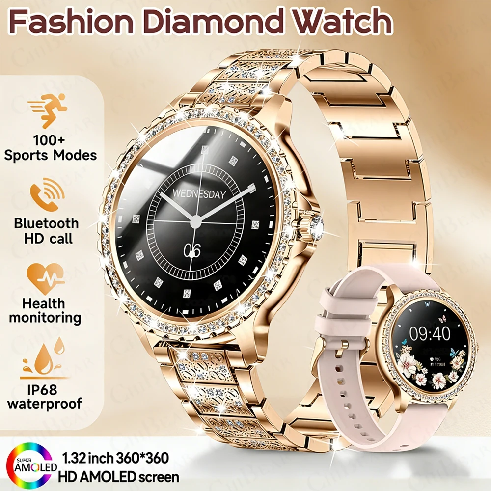 

Смарт-часы с AMOLED-экраном, модный женский браслет с функцией измерения пульса и уровня кислорода в крови, Bluetooth-вызовы, смарт-часы для женщин, совместимые с Android и iOS.