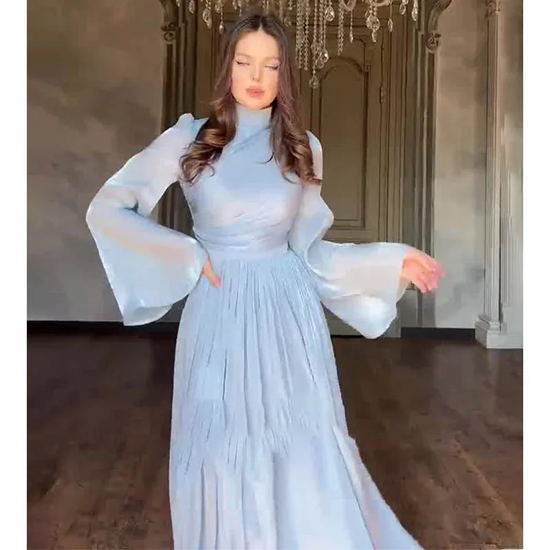 French Luxury Folds Wedding Formal Occasion Dresses For Women\'s Stand Long Sleeve Chic A-Line Pleated Shine Robe Clothes Holiday