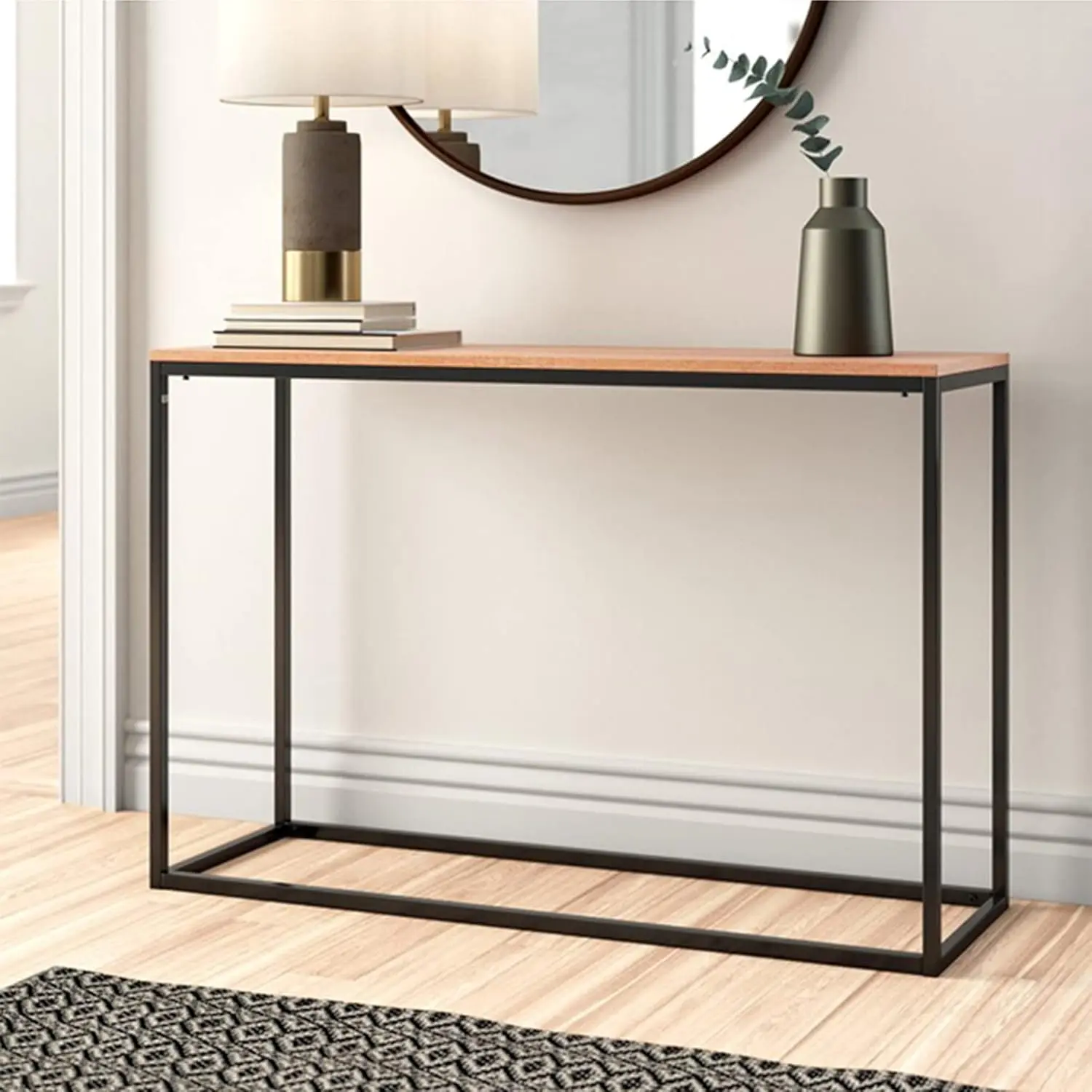 Mesa Consola de Metal Negro y MDF para Entrada, Pasillo o Sala de Espera, 80x100x30cm, Efecto Roble, Personalizable