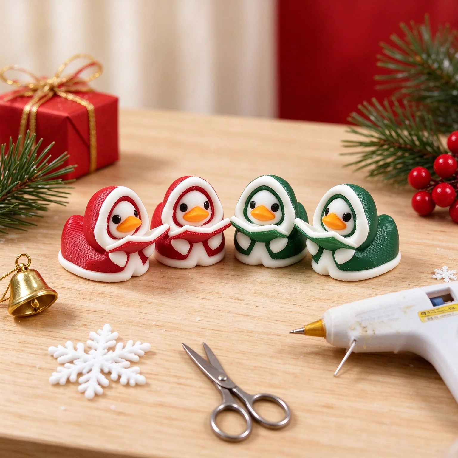 4PCS 3D Printed Christmas Choir Duck Ornament in Red and Green Colors Mini Doll Desktop Decoration New Product