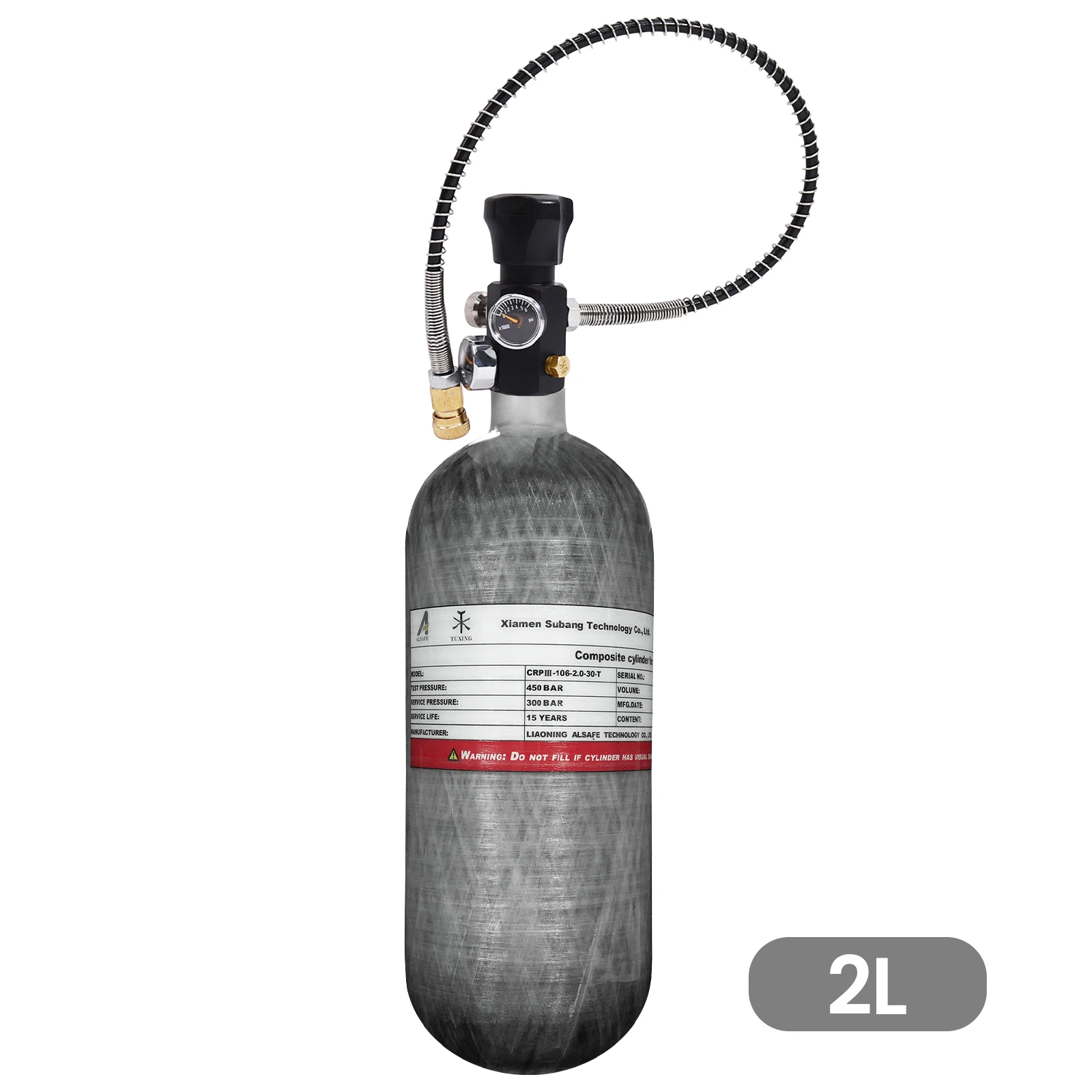 

TUXING 300Bar 2L Carbon Fiber Cylinder with Dual Gauge Inflation Valve HPA Tank High Pressure Cylinder for Scuba Diving M18*1.5