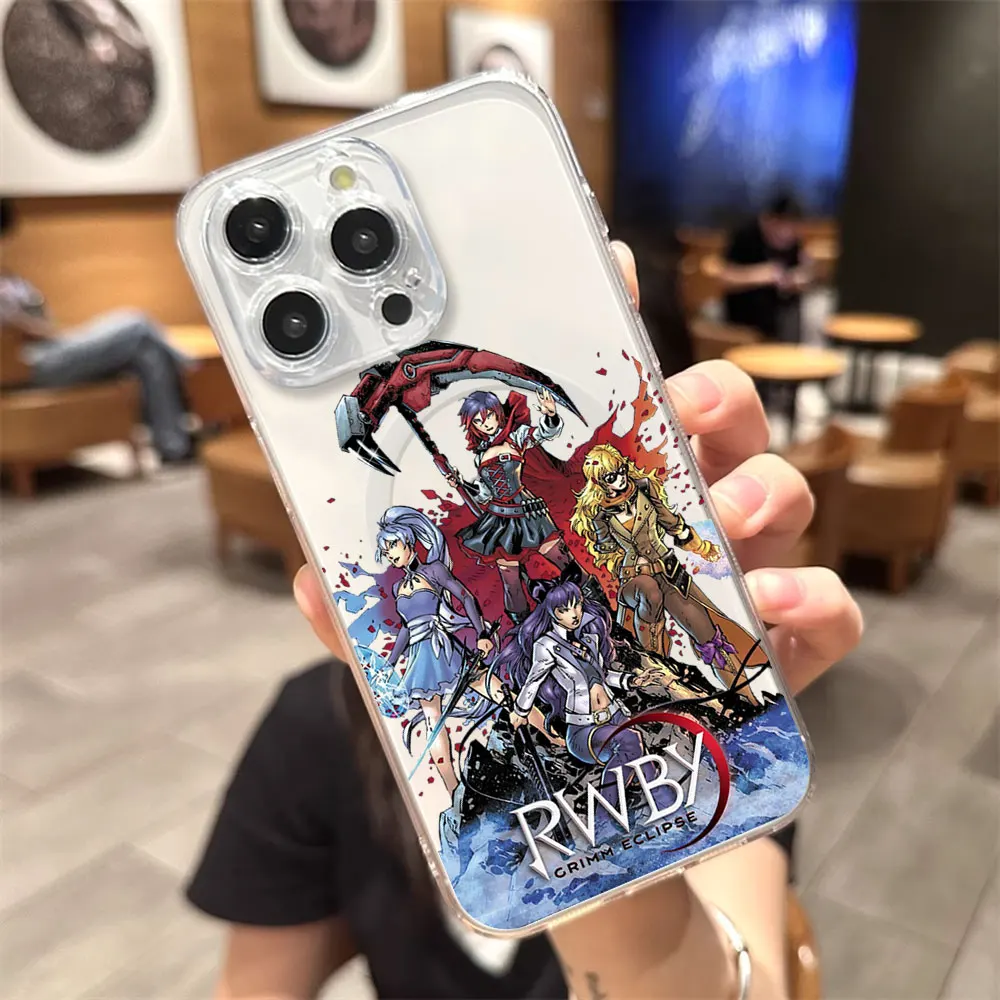 Cartoon R-RWBYS Phone Case for iPhone 12 11 13 14 15 16 Max Pro Plus Transparent Magsafe Magnetic Wireless Cover