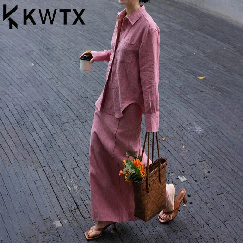 

KWTX Women’s Linen 2 Piece Set Irregular Hem Blouse Skirt Solid Vintage Elegant Luxury Designer Spring Summer 2025 Outfit