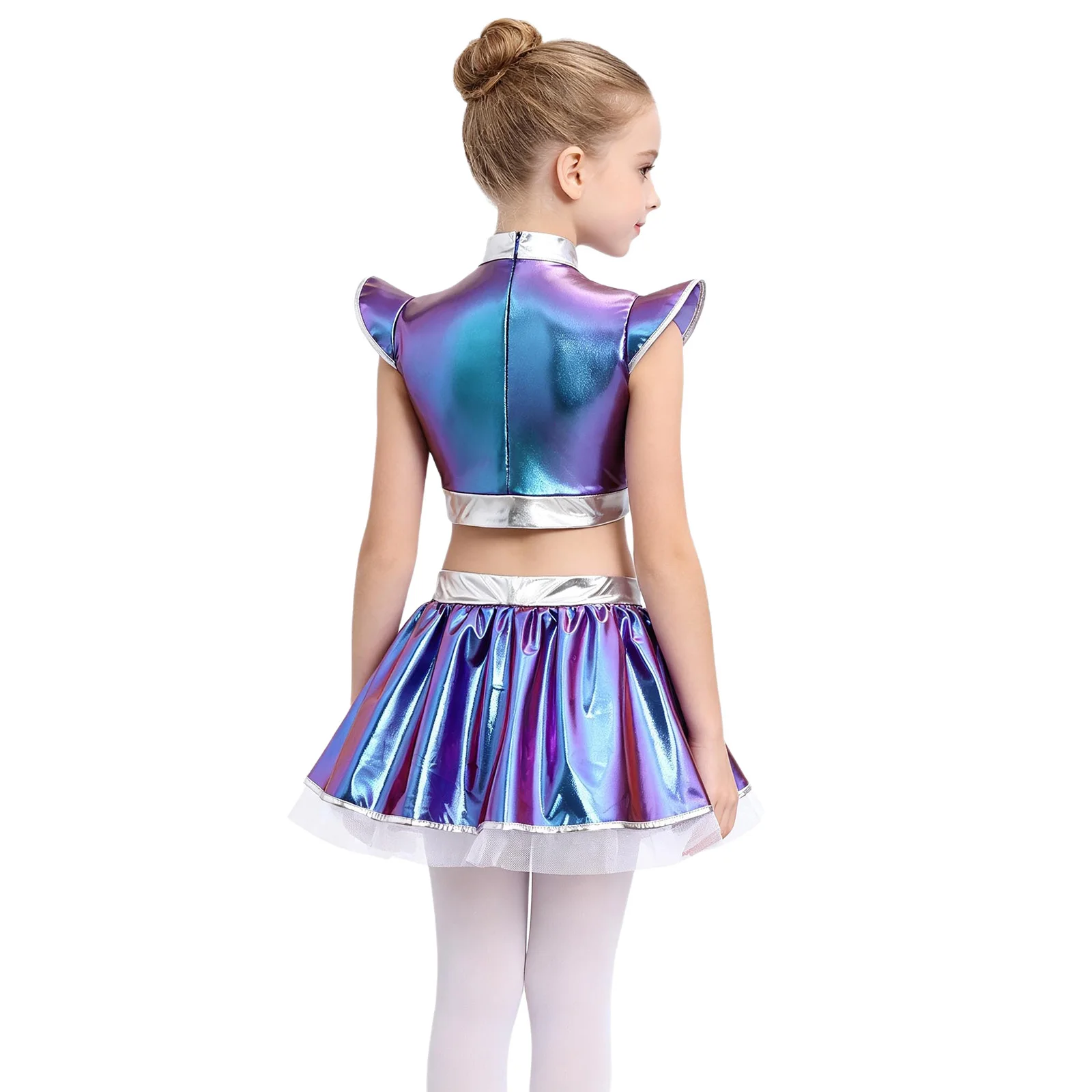 Mädchen-Cheerleader-Kostüm, Alien-Cosplay, Jazz-Hip-Hop-Cheerleading-Outfits, metallischer Reißverschluss hinten, bauchfreies Oberteil, mehrlagiger Rüschenrock – Detail 12
