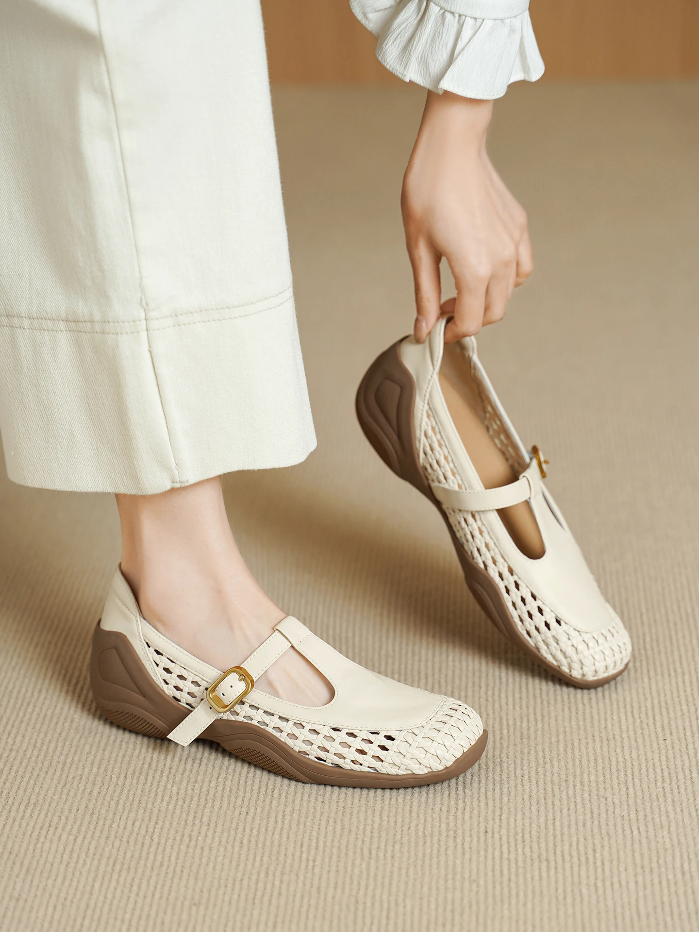 Comfortable Leather Mary Jane Shoes Breathable Hollow out Design Spring Summer New Style Women's Soft Bottom Increased Height...