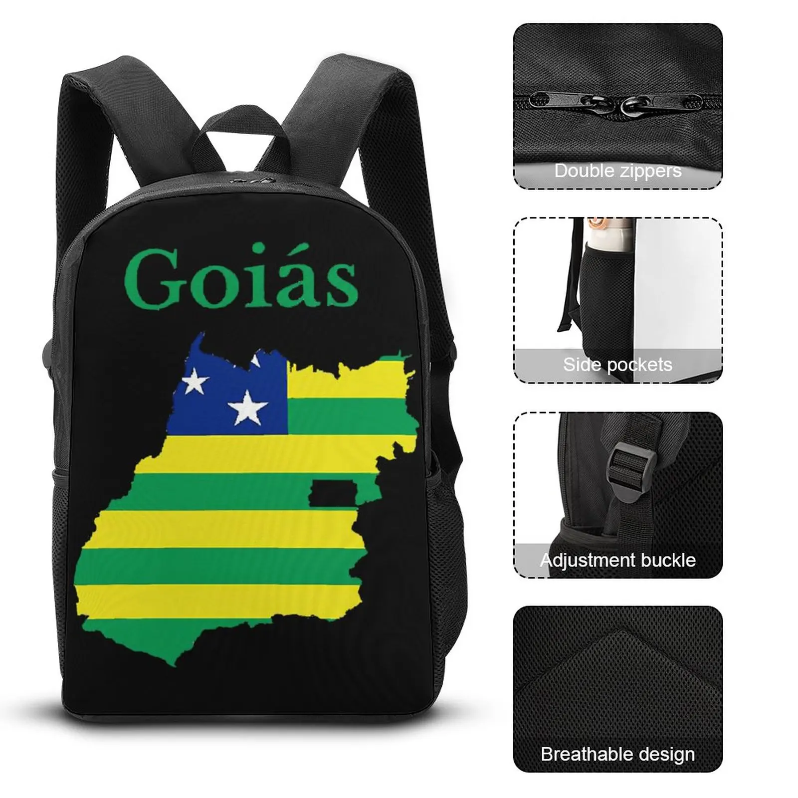 3 in 1 Set 17 Inch Backpack Lunch Bag Pen Bag State of Goias Map Flag Brazil Lasting Novelty Comfortable Schools Knapsack