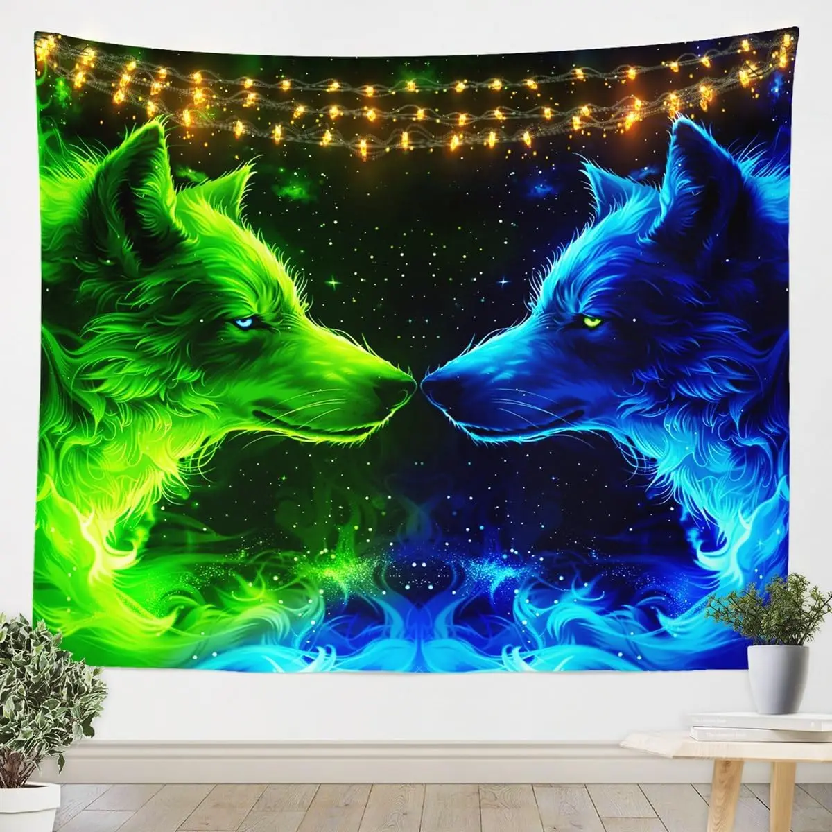 Wolf Couple Tapestry Green Blue Flame Tapestries Art Home Decoration Bedroom Decor Living Room Door Galaxy Starry Sky Tapestry