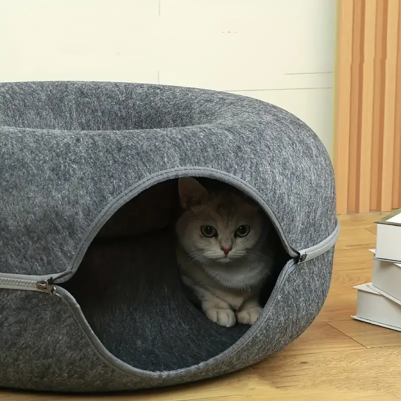 1pc Felt Tunnel Cat Nest With Kitten Window Cat Donut Tunnel Detachable Round Cat Bed All-season Cat Nest Washable Cat Bed