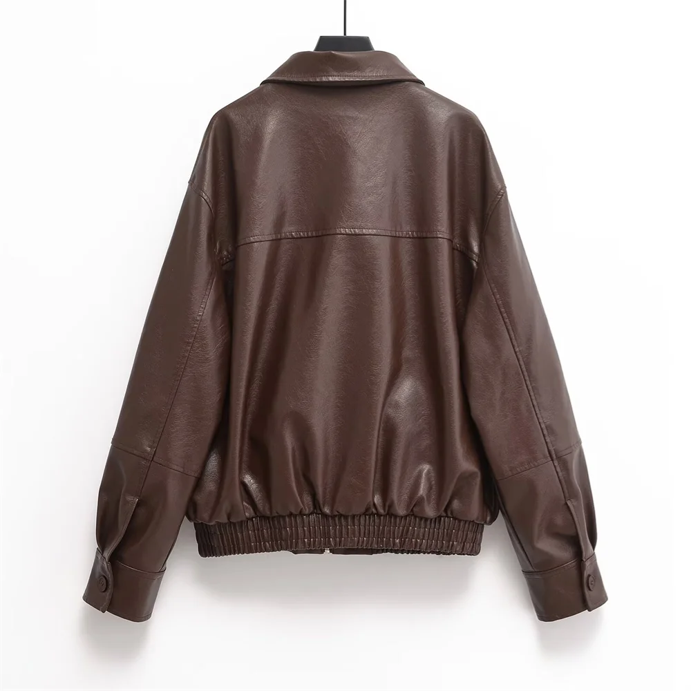 2024 Winter New Women's Clothing Style Commuting Simple Collar Long Sleeve Imitation Leather Pilot Jacket
