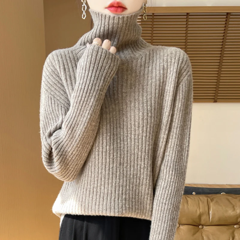 Atasan Sweater wanita, atasan rajut kasual ramping Turtleneck wool wol rajut lengan panjang busana musim gugur musim dingin baru