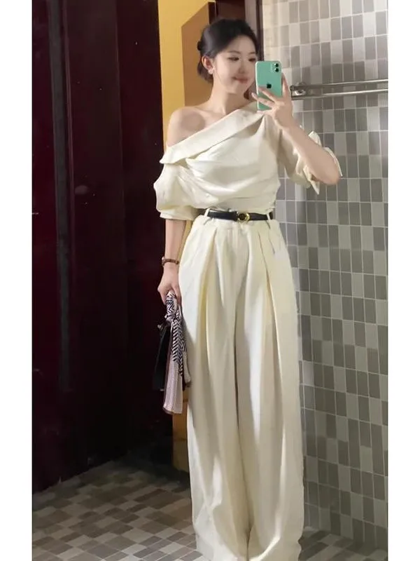 

Asymmetric One-Shoulder Design Women's Shirt 2025 High-End Pleated Flared Sleeve Suit Long Pants Set Fashionable Workwear