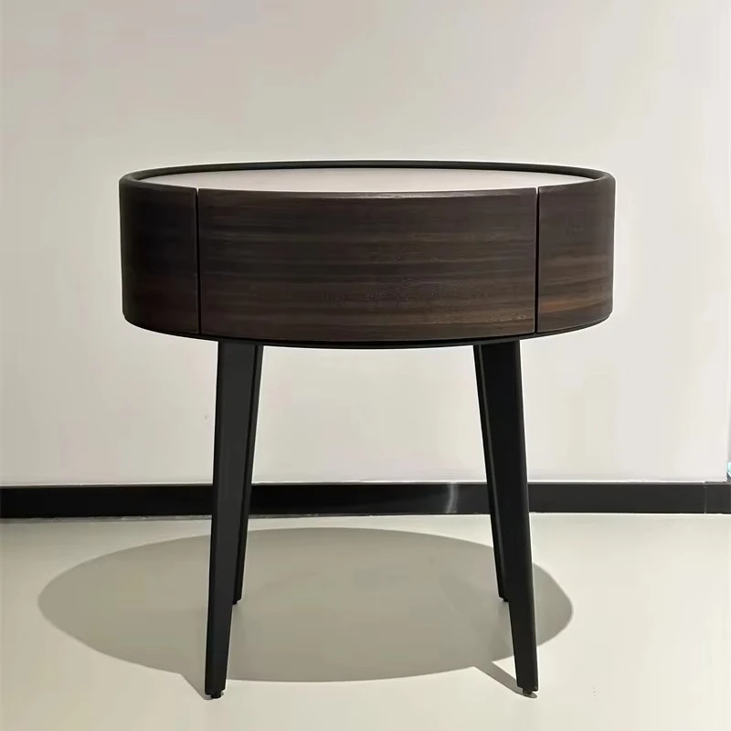 Luxury Bedroom Furniture Round Wooden Night Stand Leather Bedside Table  Nightstand With  Drawer