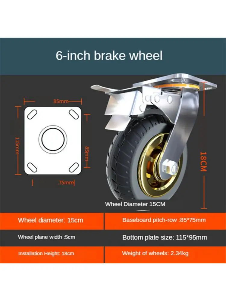 

1 Pc 6-Inch-Braked Wheel Heavy Duty Caster Mute Rubber Flat Trolley Shock Absorption With Brake