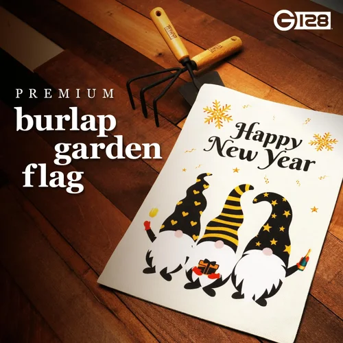 G128 Garden Flag Happy New Year Three Celebrating Gnomes 12X18 Burlap Fabric JJE DDI GGX