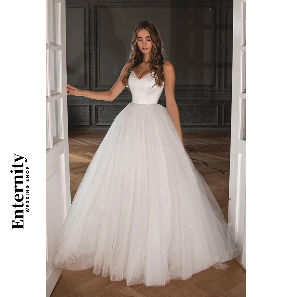 Vestidos de casamento simples personalizados, glitter, tule, decote em v, vestidos femininos, alças espaguete, cetim, vestidos de noiva para mujer