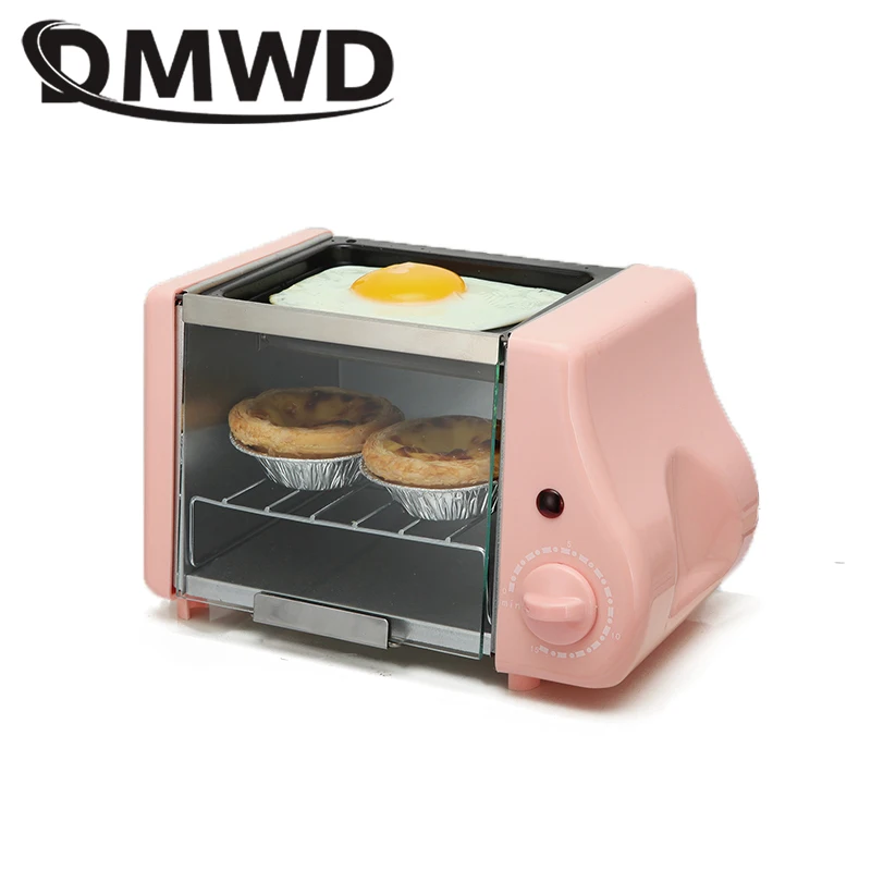 Mini horno eléctrico de 110V/220V, parrilla asada, tostadora, máquina para hacer pan, carne, huevos fritos, tortilla, sartén, temporizador, máquina de desayuno