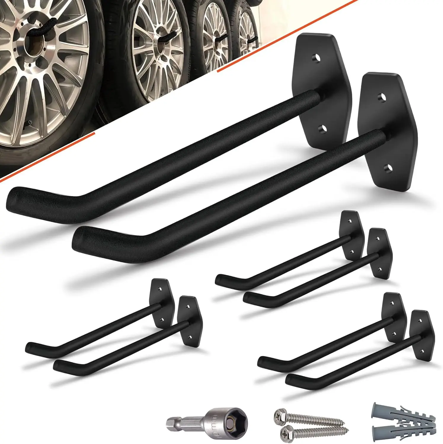 

Сверхмощная полка для хранения шин, настенное крепление, большие гаражные крючки для организации шин и лестниц (88 фунтов)