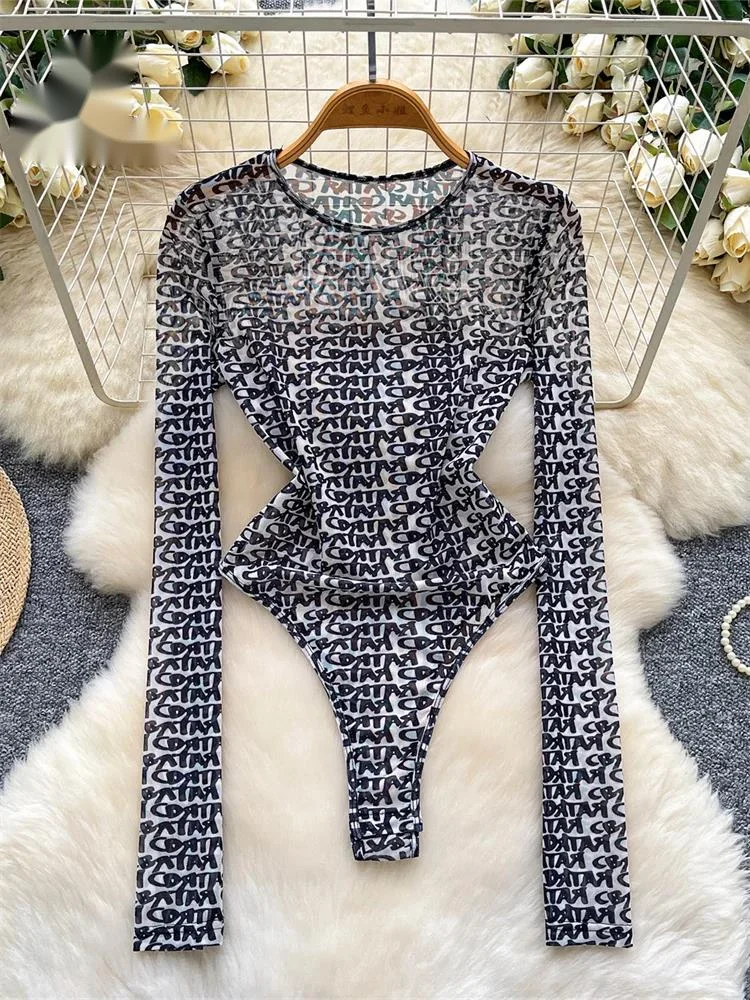 

Сексуальные прозрачные боди из сетки с принтом, открытой промежностью, длинными рукавами, круглым вырезом, облегающие, модные, для женщин