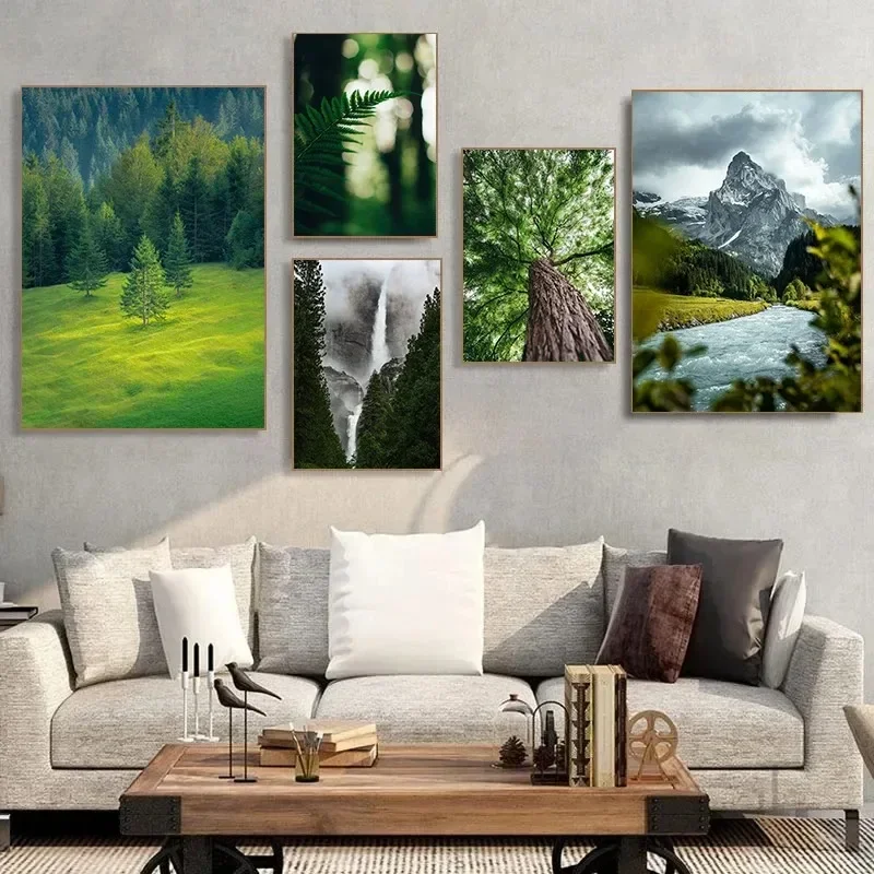 Mist Wraps the Pine Trees – Green Forest Waterfall Mountain Photography Frameless Canvas Poster for Home Wall Art Decor