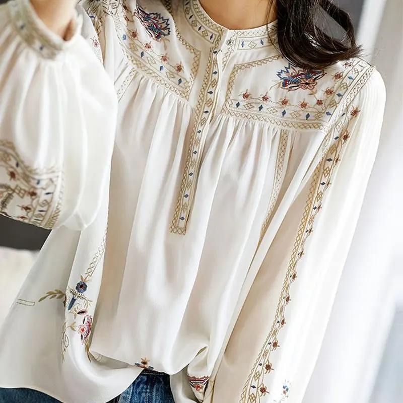 Bohemian Fashion Gedruckt Bluse Weibliche Kleidung Stehen Kragen Frühling Herbst Langarm Raffen Casual Lose All-match Shirt Neue