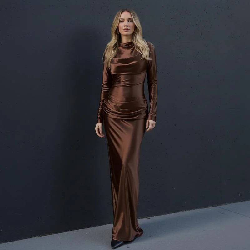 

Elegant Women’s Slim Waist Pullover Dress With Long Sleeves Split Hem Solid Color Long Gown For Chic Autumn Winter Evening Party