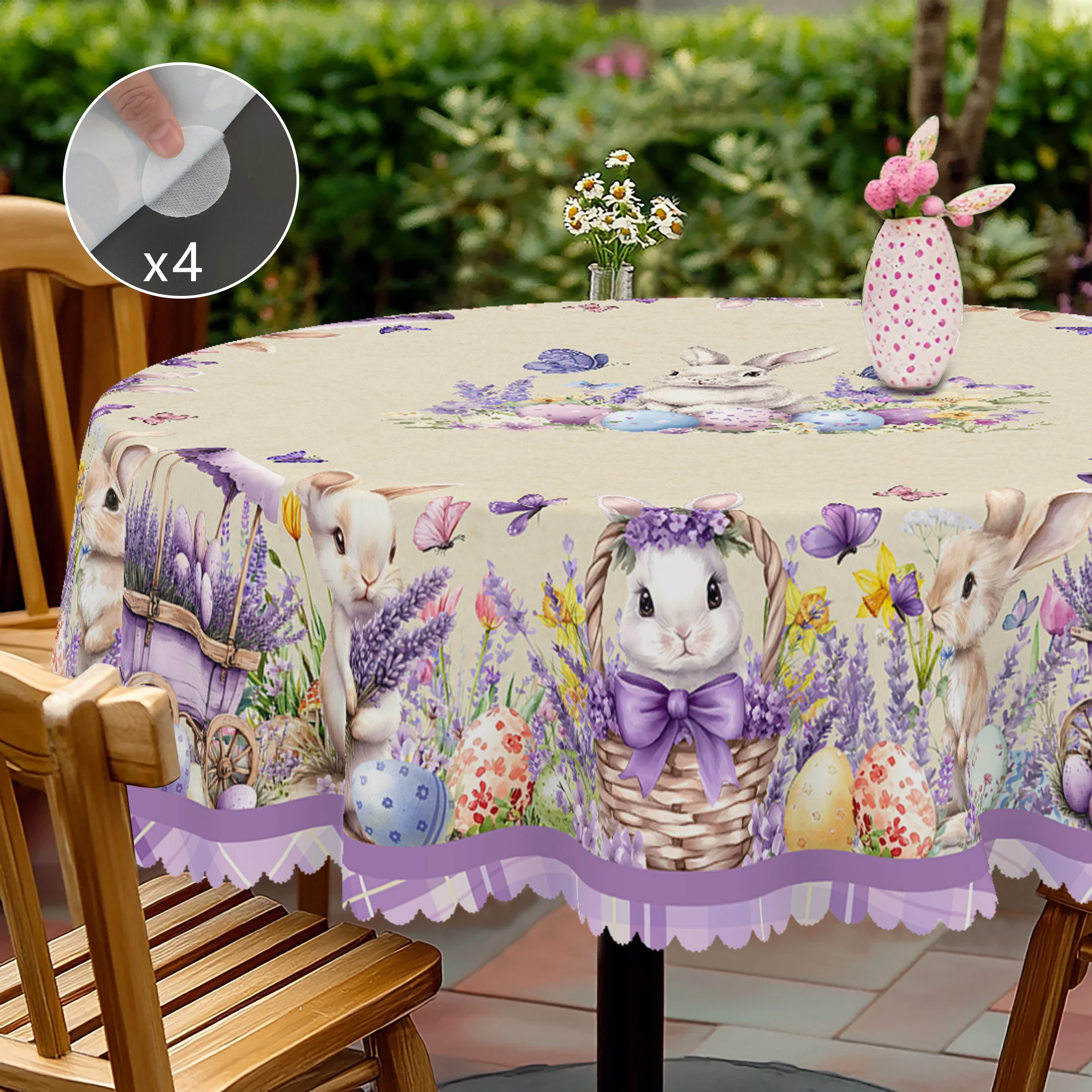 1 Piece of Easter Round and Rectangular Tablecloth, Available in Various Sizes, with a Creamy White Background Interwoven with Romantic Lavender Flower Clusters, Featuring Printed Decorations of Cute Bunny Rabbits and Colorful Eggs, with Embossed Edges, Suitable for Everyday Use in Home Kitchens and on Patios, Easter Decoration, Spring Party Decoration Gift