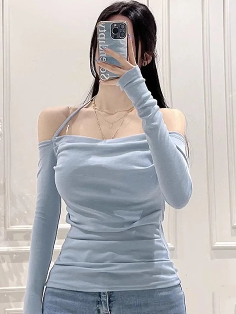 Autumn/winter Korean Version New Hanging Neck Off Shoulder Long Sleeve Pullover Women Cinching Waist Solid Slim Top F291