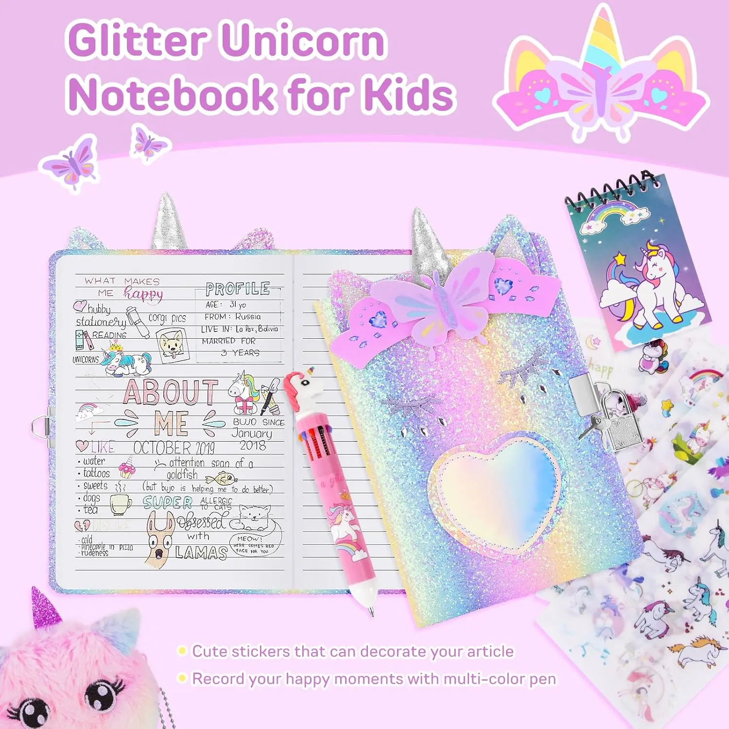 Unicorn Diary with Lock and Keys Gift for 6 7 8 Year Old Girls Glitter Secret Journal for Kids with 160 Pages Travel Notebook