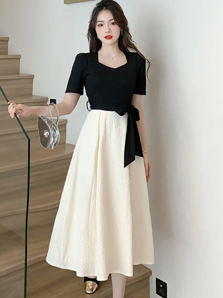 2023 White Patchwork Black Chic Bow Midi Dress Summer Short Sleeve Sqaure Collar Casual Dress Women Korean Elegant Party Vestido