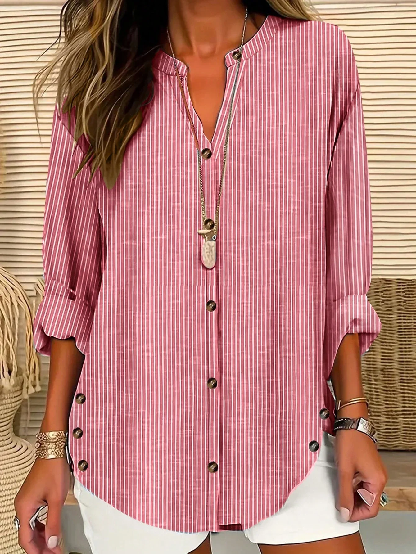 

Women's Striped V-Neck Single Breasted Loose Casual Shirt