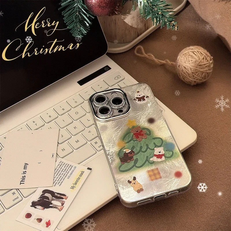 Merry Christmas Snowman Tree Laser Glitter Plating Phone Case For IPhone 16 15 14 13 12 Pro Max Case Cute Luxury Cartoon Cover