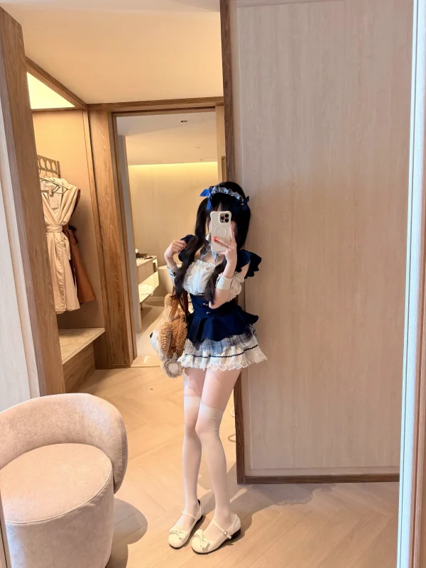 

Cute Sweet Japanese Style Maid Uniform Design Lace One Shoulder Top Waist Cinching Overalls Two Piece Set Anti Aging