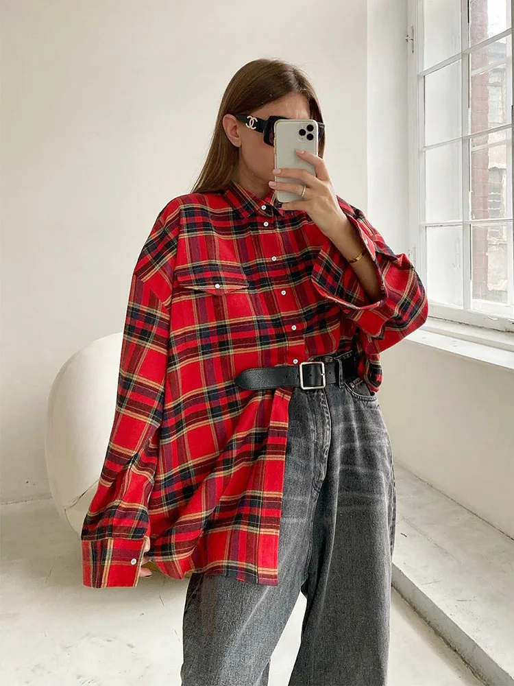 

Bright Gingham Shirts For Women Street Style Casual Shacket Blouses And Tops Single-Breasted Autumn 2024