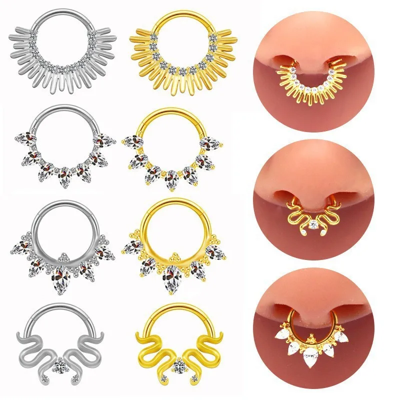 1PC ASTM F136 G23 Titanium 16G Nose Rings Hinged Septum Clicker Lip Segment Daith Earring Hoop CZ Helix Conch Piercing Jewelry