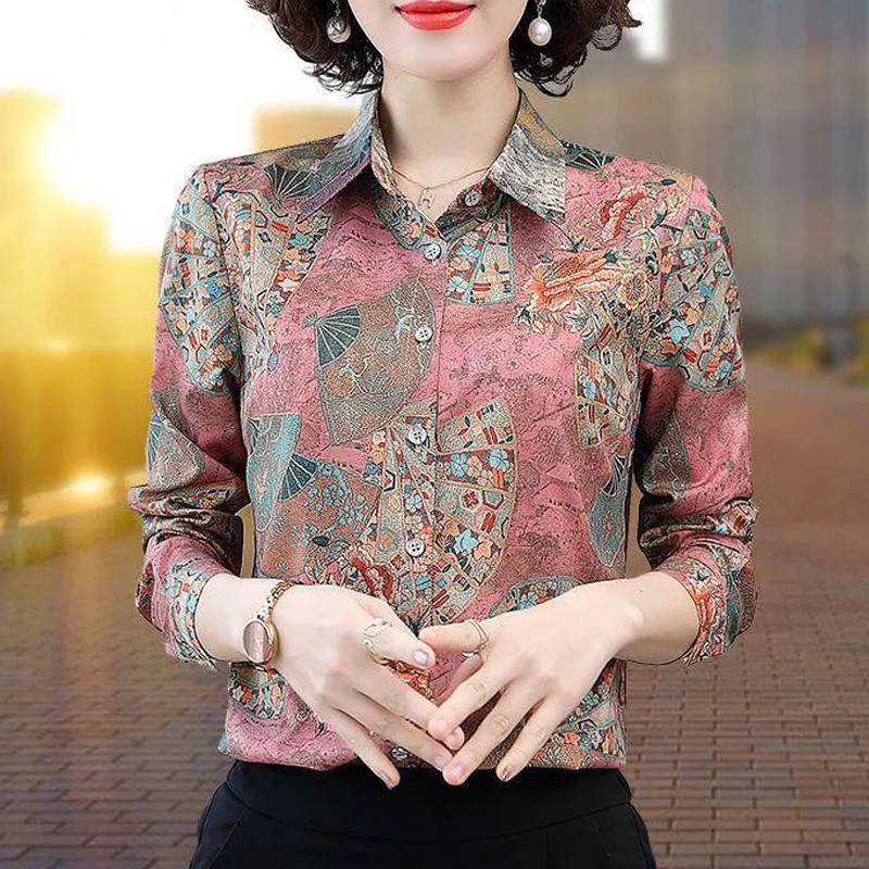 Women Korean Fashion Elegant Print Lapel Button Shirts Spring Autumn Business Casual Office Lady Blouses Female Long Sleeve Tops