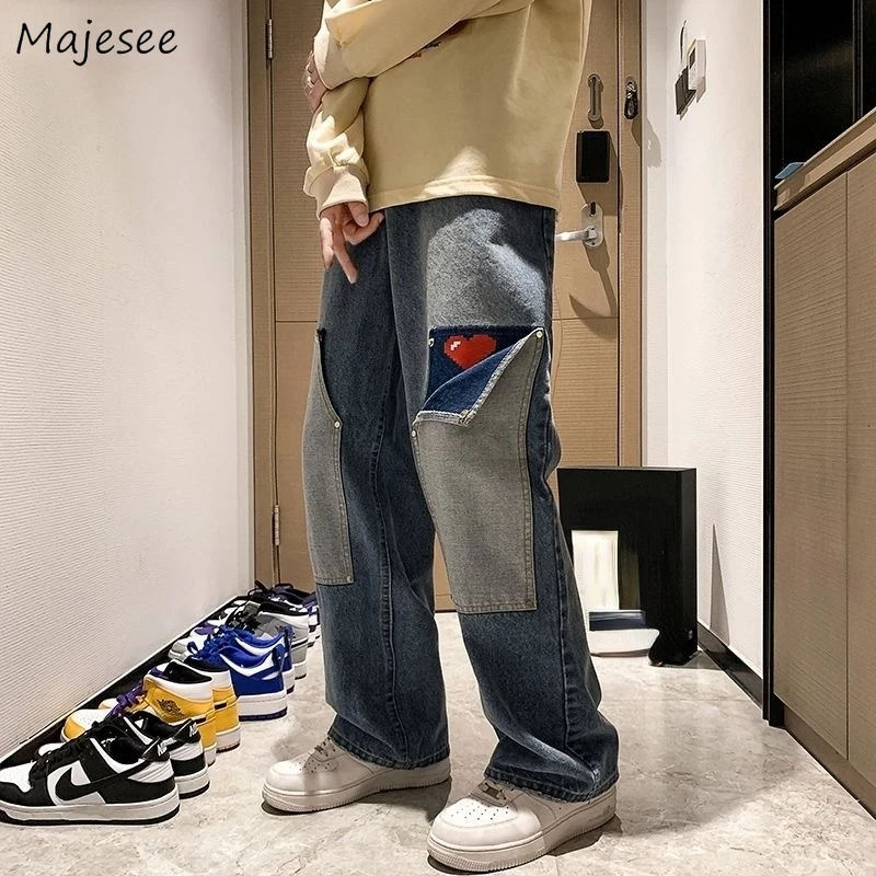 Jeans Men Design Heart Patchwork Wide Leg Autumn Korean Fashion Oversize Handsome Clothing All-match Harajuku Vintage College