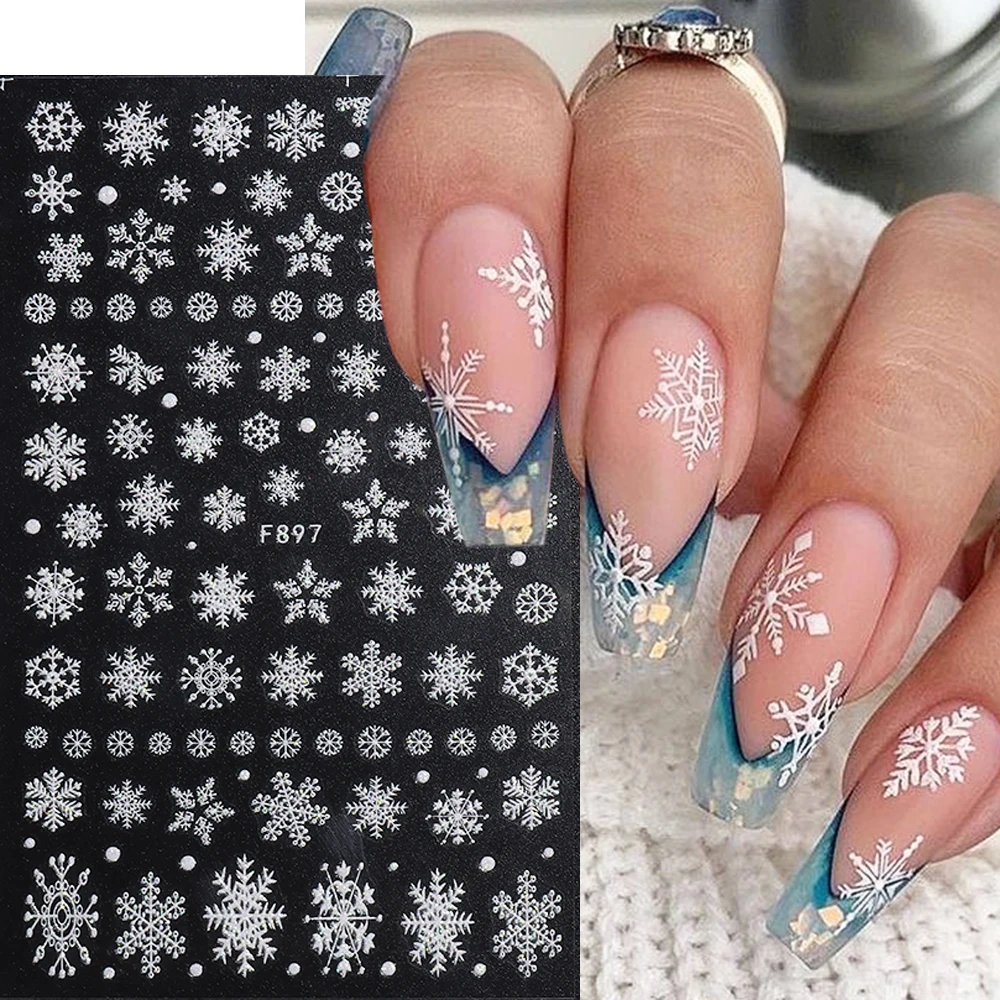 Glitter Nail Stickers White Snowflakes Ornaments Reflective Sliders For Nails Christmas Decoration 2022 Manicure Decals GLF897