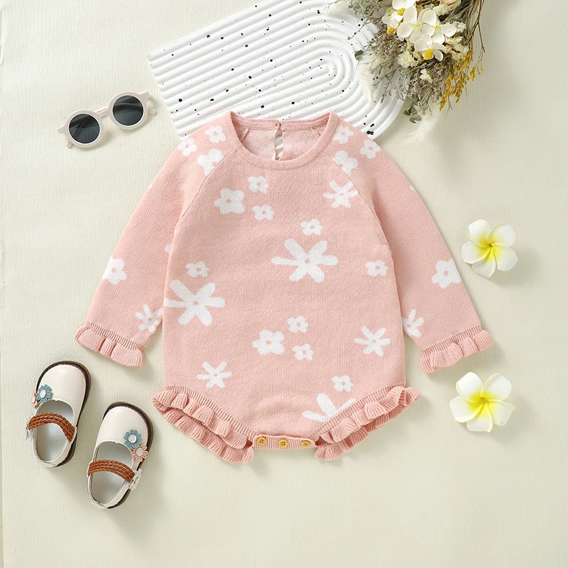 Autumn Baby Bodysuits Cotton Knit Newborn Girls Jumpsuit Long Sleeve Romper Infant Clothes Fashion Floral Overalls 0-18M Ruffles