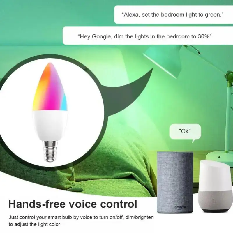 5W Tuya Smart Bulb Colorful WiFi Candle Bulb Voice Control E14 Smart Light Work with Alexa Google Home Timer Function