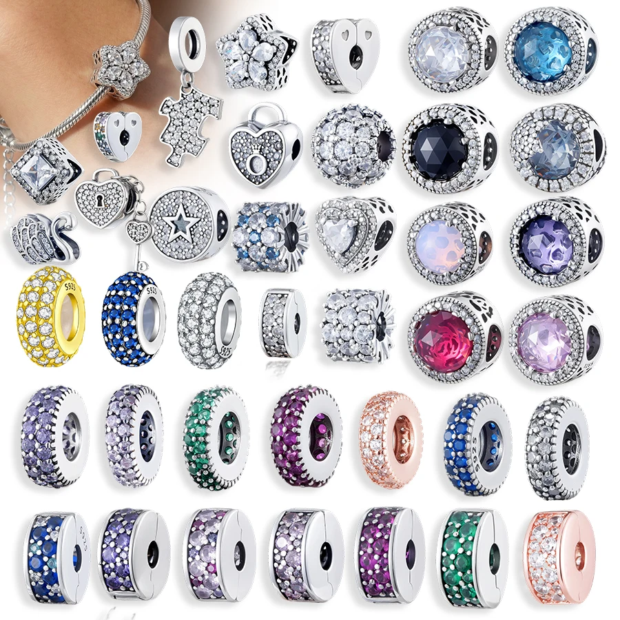 

Sparkling Crystal Charms for Bracelets 925 Silver Plated Beads Heart Star Puzzle Pendant Fit European Bracelet DIY Jewelry Gift
