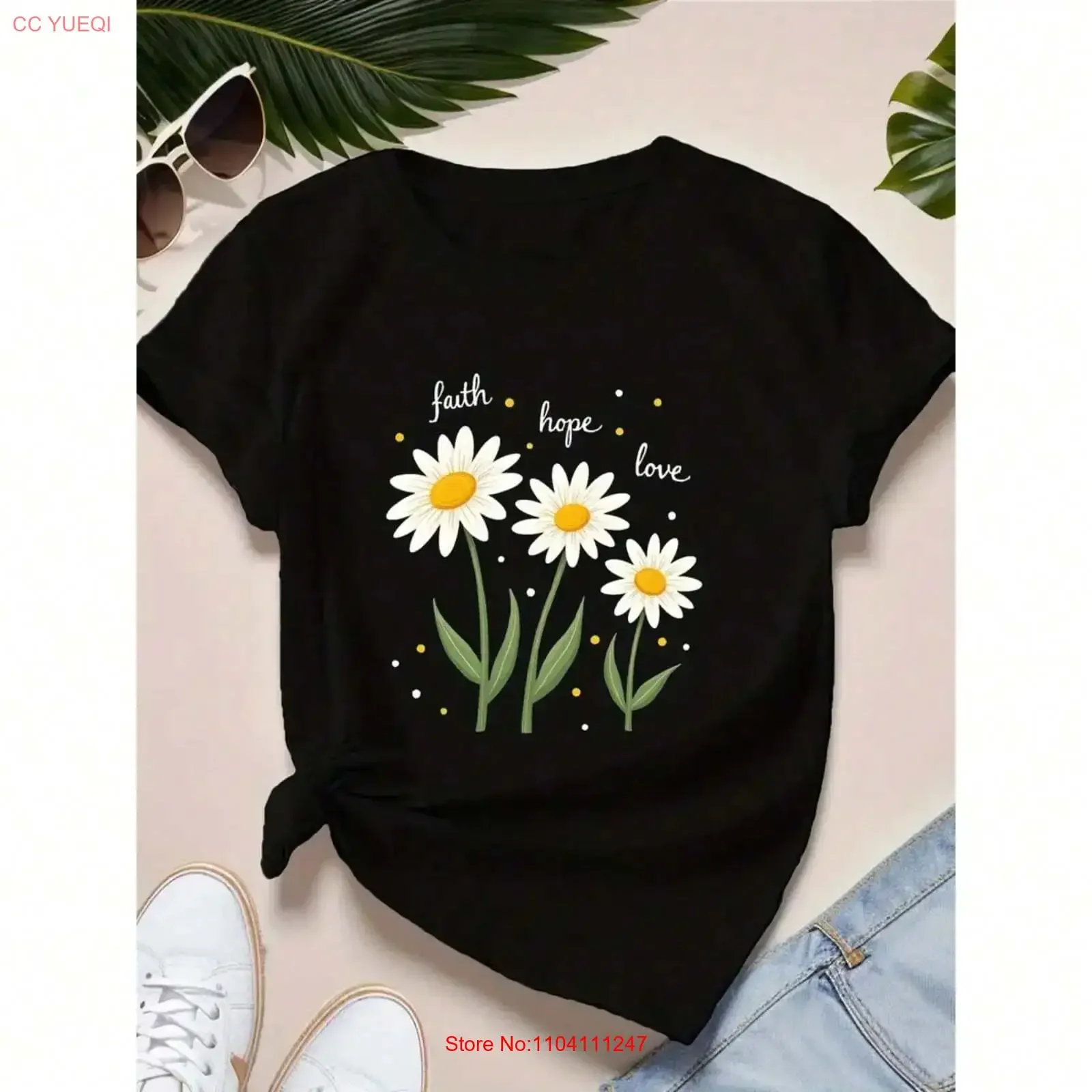 Women's Daisy Pattern T shirt Faith Hope Love  vintage Washed Stylish fashion Slightly Versatile graphic Soft Unisex Stretched