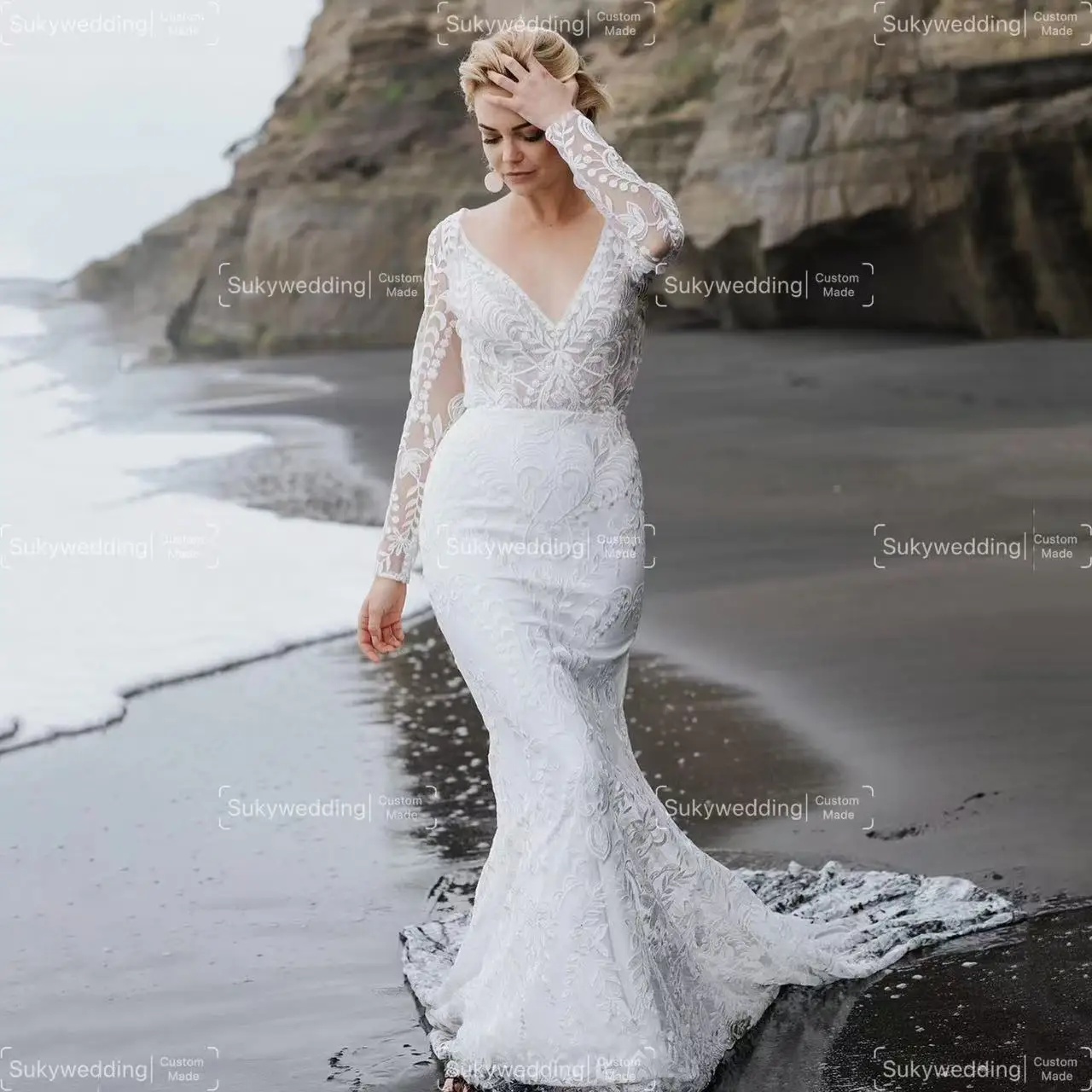 

Sexy Mermaid Boho Lace Wedding Dresses with Removable Long Sleeves Plus Size Chapel Train V Neck Wedding Bridal Gowns Customized
