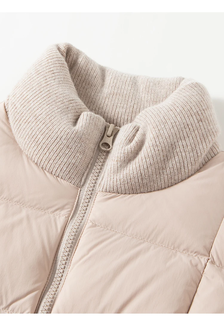BD3621736 Women's Pure Wool Knit Hybrid Goose Down Jacket Chain Trim Pockets Stand Collar Two-Way Zip Old Money Early Autumn