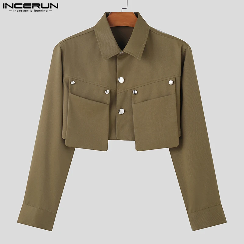 INCERUN Tops 2024 Korean Style Fashion Men Cropped Pocket Design Jackets Coats Male Personality Solid Long Sleeved Jackets S-5XL