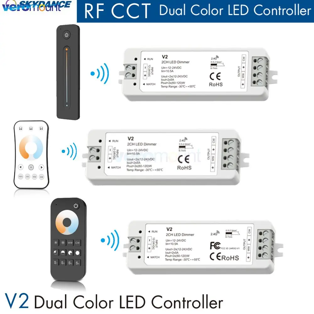 Skydance V2 WW CW Dual White LED Controller 2.4G RF Wireless Remote DC12V 24V Dimmer for SMD 2835 COB CCT Dual White LED Strip