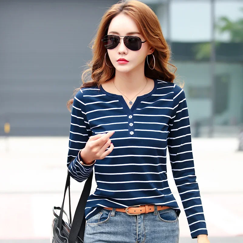 Tuangbiang Striped Button V-neck Long Sleeve Cotton T-shirt Female Plus Size S-5xl Clothing Loose Tshirt White Gray Tops