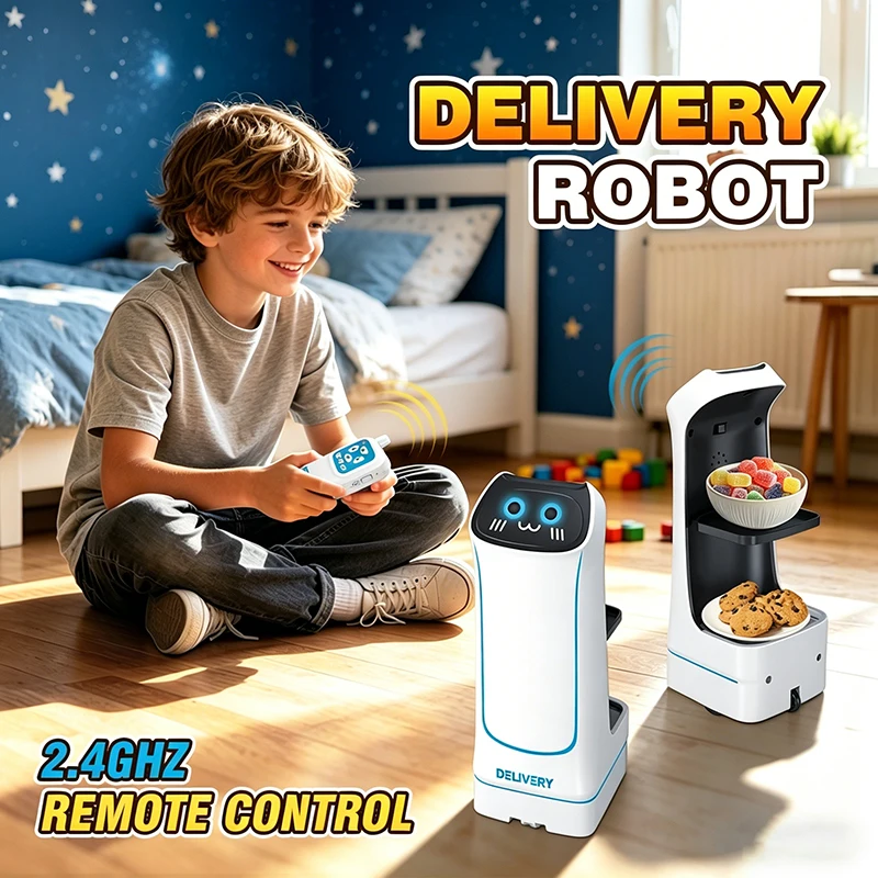 

Novel Rc Car Remote-control Food Delivery Robot with Sound Light All Round Driving Electric Model Toys Creative Boys Kids Gift