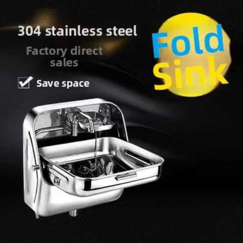 304 Stainless Steel Brushed Finish Wall-mounted Folding Sink Rectangular Basin Drainer RVs Yachts Trains Space-Saving 5 Year